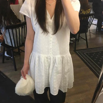 Button Shirred Punching Flower Cap Sleeve A-Line Mini Dress
