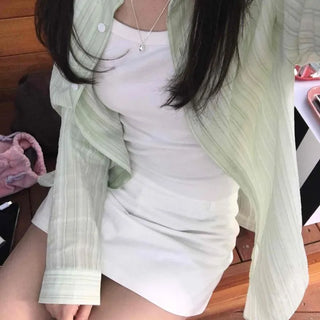 Button Stripe Loose Fit Long Sleeve Shirt