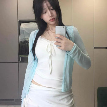 Slim Fit Plain Button Long Sleeve Daily Cardigan Sleeveless Set