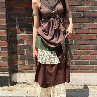 Relaxed Fit Patchwork Tiered Strap A-Line Long Skirt