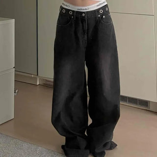 Wide-fit Washed Eyelet Button Daily Long Pants