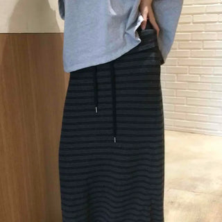 String Stripe Slit Straight Relaxed Fit Long Skirt