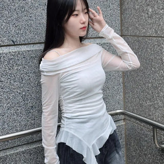 Shirred See-through Slim Fit Plain Long Sleeve Blouse