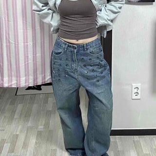 Loose-fit Washed Studded Wide Long Pants