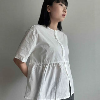 Shirred Button-Down A-Line Short Sleeve Blouse