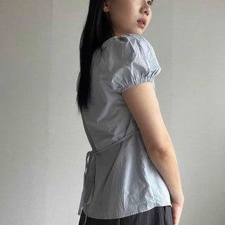 Shirred Ribbon Backless Wrap Short Sleeve Blouse
