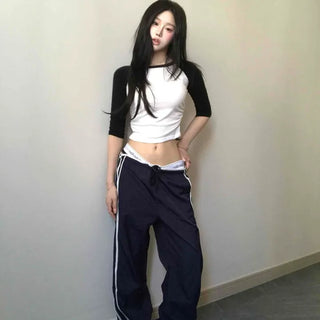 String Zipper Wide Loose Fit Daily Long Pants