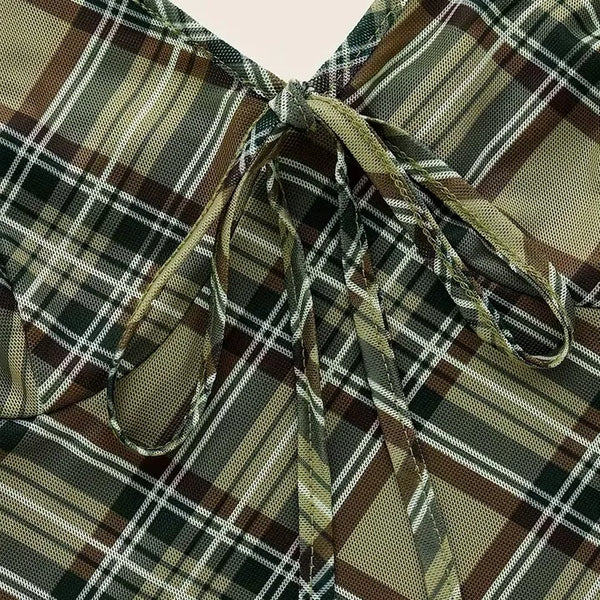 Khaki Check Ribbon Slip Mini Dress / Y2K Teen Vintage Sleeveless Dress