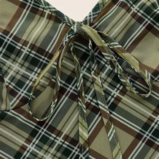 Khaki Check Ribbon Slip Mini Dress / Y2K Teen Vintage Sleeveless Dress