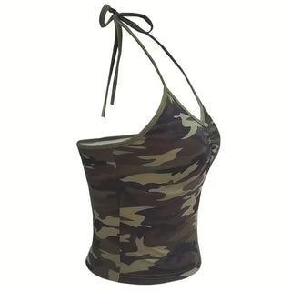 Camo Shirred Halter Neck Sleeveless / Military Slim Fit Halter Top Street Camo Sleeveless Top