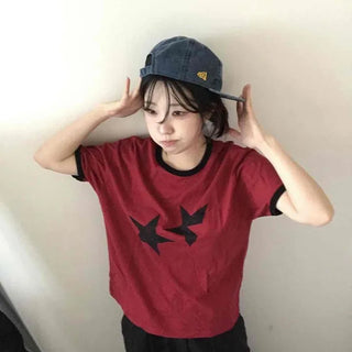 Star Print Color Block Short Sleeve T-shirt