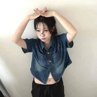 Washed Flap Pocket Button-Down Oversized Short Sleeve Shirt