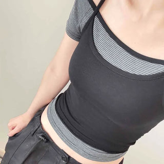Color Block Strap Layered Crossbody Slim Fit Short Sleeve T-shirt