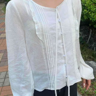 Pintuck Frill String Loose Fit Long Sleeve Blouse
