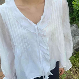 Riya Frill Pintuck Button Plain Long Sleeve Loose Fit Blouse