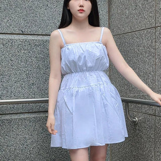 Strap Shirred A-Line Plain Sleeveless Mini Dress