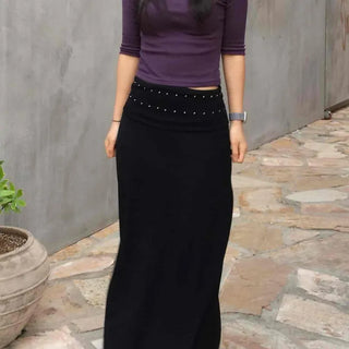 Regular Fit Studded Pleated A-Line Daily Long Skirt