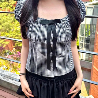 Ribbon Shirred Gingham Check Short Sleeve Daily Blouse