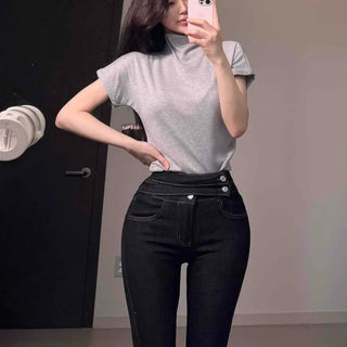 Button Skinny Slim Fit Casual Long Pants