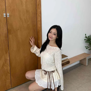 Loose Fit Flower Ribbon See-through A-Line Long Sleeve