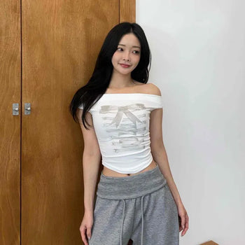 Slim Fit Graphic Shirred Eyelet Ribbon Cap Sleeve Short Sleeve T-shirt