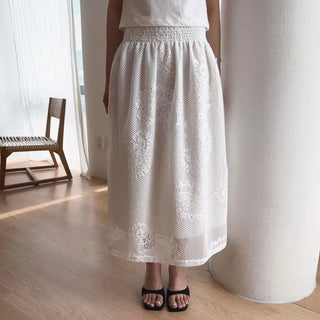 Today Flower Paisley Punching Jacquard Smoke Elastic Waist A-line Flare Layered Long Skirt