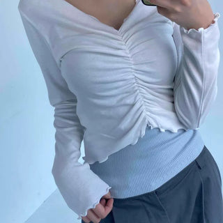 Shirred Frill Plain Daily Long-Sleeve T-Shirt