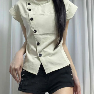 Asymmetrical Cut Button Slim Fit Plain Cap Sleeve Shirt