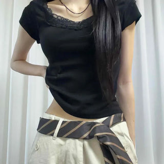 Heart Neck Lace Cap Sleeve Short Sleeve T-shirt