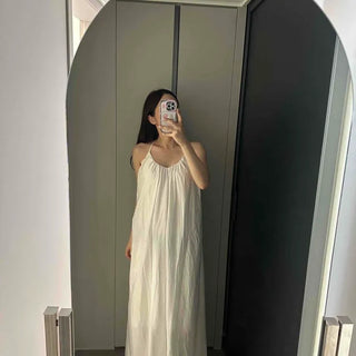 Strap Shirred Ribbon Loose Fit A-Line Sleeveless Long Dress