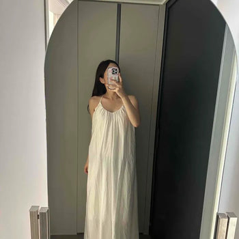 Strap Shirred Ribbon Loose Fit A-Line Sleeveless Long Dress