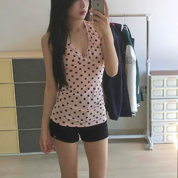 Slim Fit Dot Shirred Halter Neck Sleeveless