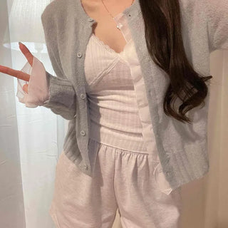 Frill Button-Down Regular Fit Plain Long Sleeve Cardigan