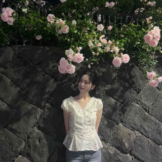 Regular Fit Flower Shirred Ribbon Wrap Pep Plum Short Sleeve Blouse