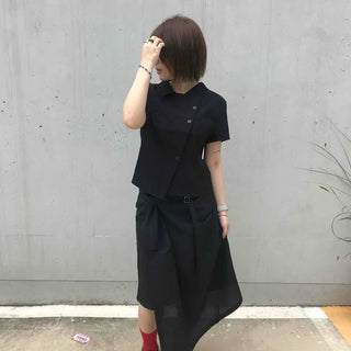 String Button Wrap Asymmetrical A-line Loose Fit Midi Skirt