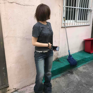 Washed Button Flap Pocket Bootcut Low-Rise Long Pants