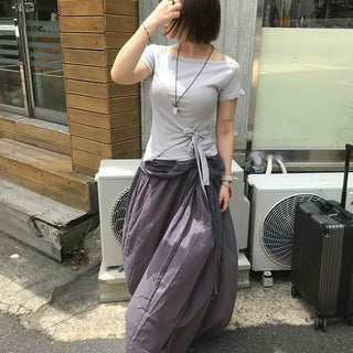 String Wrap Plain Loose Fit Short Sleeve T-shirt