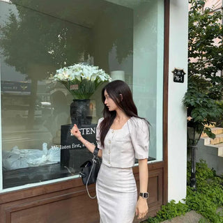Plain Straight H-Line Short Sleeve Slim Fit Two-Piece Set