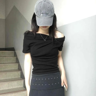 Slim Fit Plain Drape Off-Shoulder Short Sleeve T-Shirt