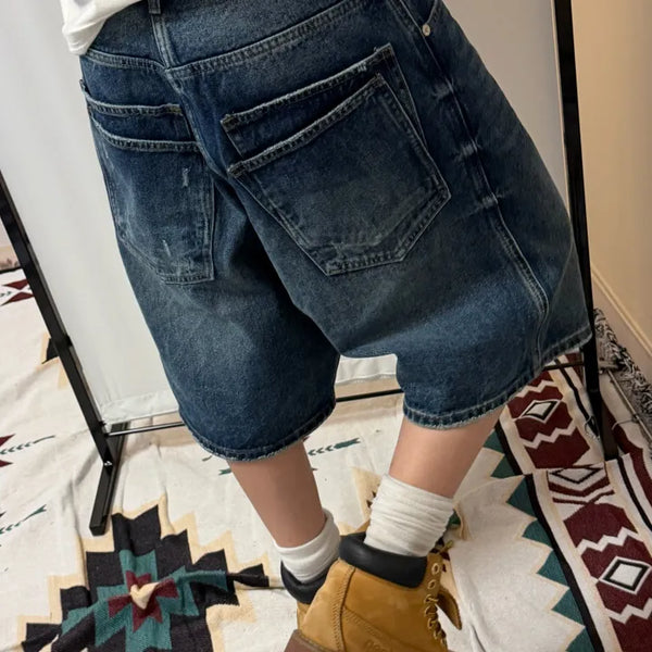 Double Back Pocket Wide Denim Shorts