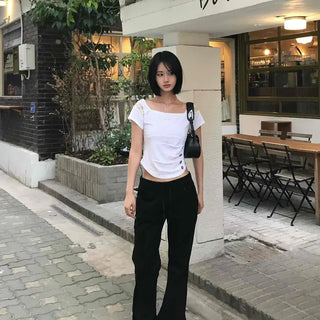 String Flap Pocket Button Flare Daily Long Pants
