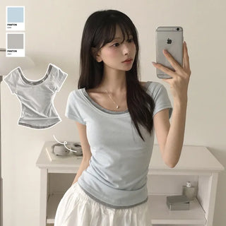 Effortless Chic, One-Off Shoulder U-Neck Delicate Slim Fit Layered Plain Short Sleeve T-Shirt