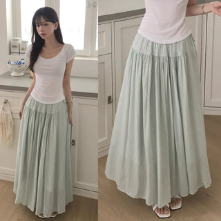 Innocent Mood, Ribbon Strap Elastic String Flare Maxi Summer Long Skirt