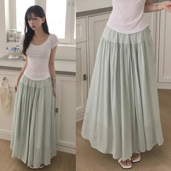 Innocent Mood, Ribbon Strap Elastic String Flare Maxi Summer Long Skirt