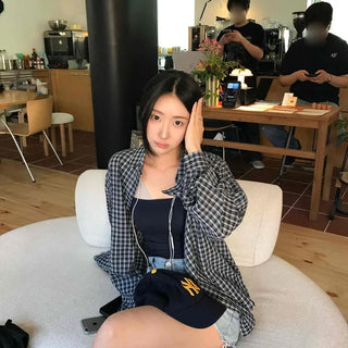 Lisha Button Check Button-Down Oversized Long Sleeve Shirt