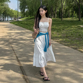 Hawa Frill Sleeveless Blouse and Long Skirt Two-Piece Set