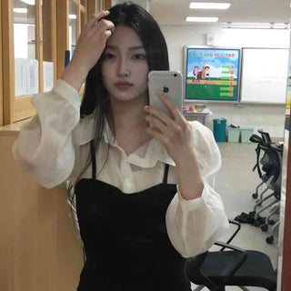 Button See-through Layered Plain Long Sleeve Blouse
