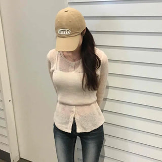 Button See-through Layered Slim Fit Long Sleeve Two-Piece Set