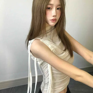 Shirred String Drape Slim Fit Plain Sleeveless