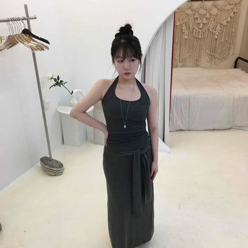 String Wrap Relaxed Fit H-Line Straight Daily Long Skirt